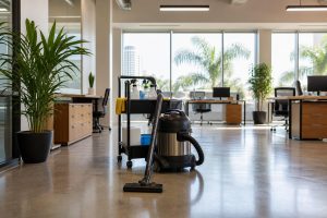 Clean modern office space in Fort Lauderdale with professional commercial cleaning equipment and bright natural lighting