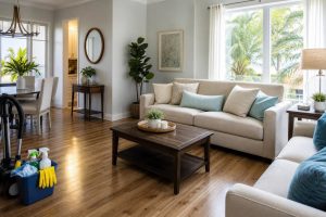 Bright living room with clean floors and organized furniture after a residential cleaning service in Broward County